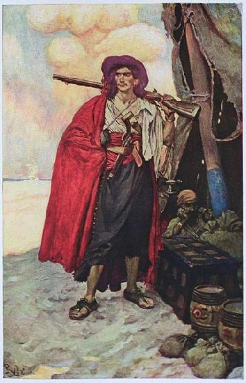 Howard Pyle The Buccaneer was a Picturesque Fellow: illustration of a pirate, dressed to the nines in piracy attire. Spain oil painting art